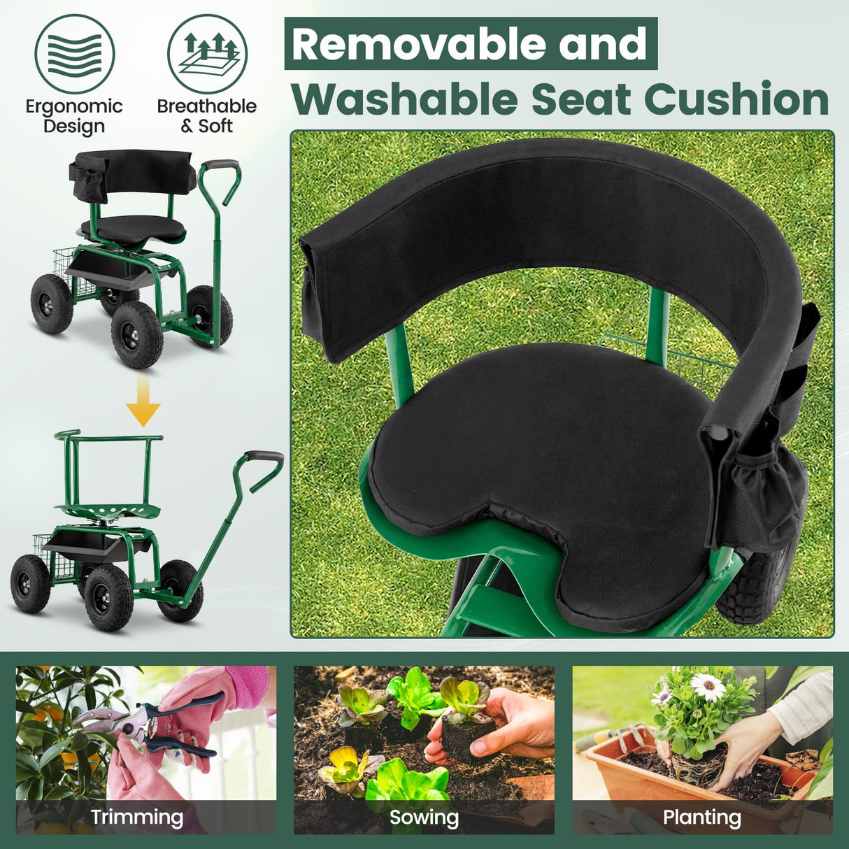 Goplus Garden Seat with Wheels, Rolling Gardening Stool with Adjustable 360° Swivel Seat, Tool Tray & Storage Basket, Extendable Handle, Outdoor Gardening Scooter, Garden Cart Workseat for Seniors
