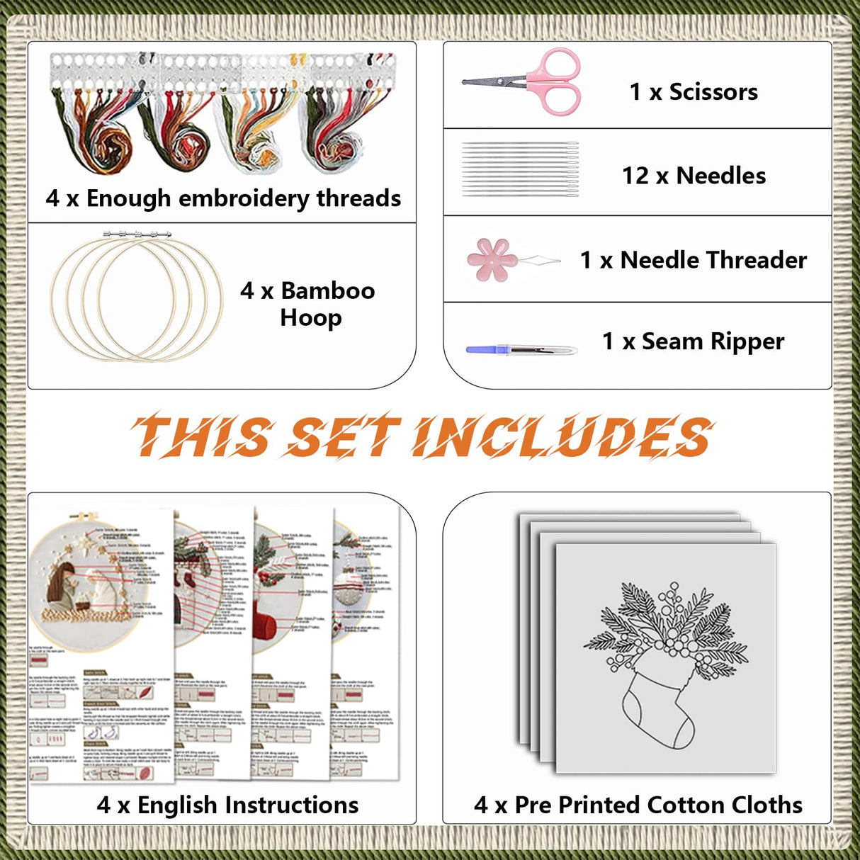 WKALXJ 4 Sets Christmas Embroidery Kits for Adults, Embroidery Kit for Beginners, Cross Stitch Kits for Beginners with Pattern, Needles, Threads, Tools (Holly+Fireplace+Stocking+Nativity Manger)