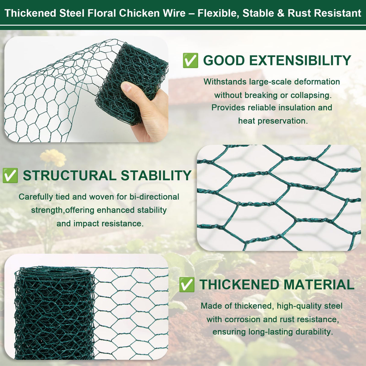 Floral Chicken Mesh for Craft, 4 x 236 Inch Galvanized Hexagonal Netting Roll, Lightweight Garden Poultry Fence for Coop & Rabbit, Metal Mesh Kit with Gloves, Ties and Plier