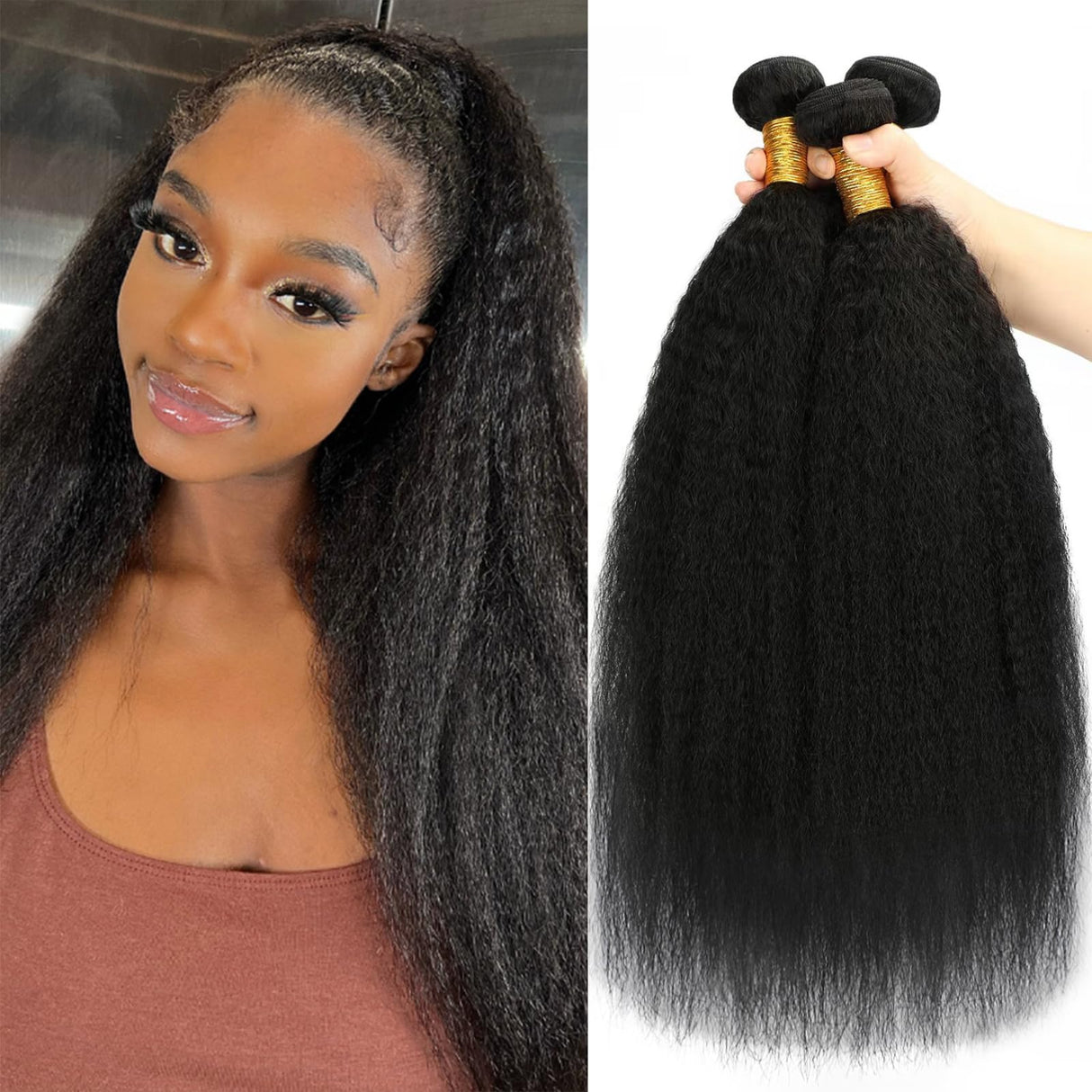 Kinky Straight Hair 3 Bundles Yaki Straight Bundles Human Hair 16 18 20 inch 100% Unprocessed Brazilian Virgin Hair Weave Kinky Straight Bundles Sew in Kinkystraight Human Hair Bundles