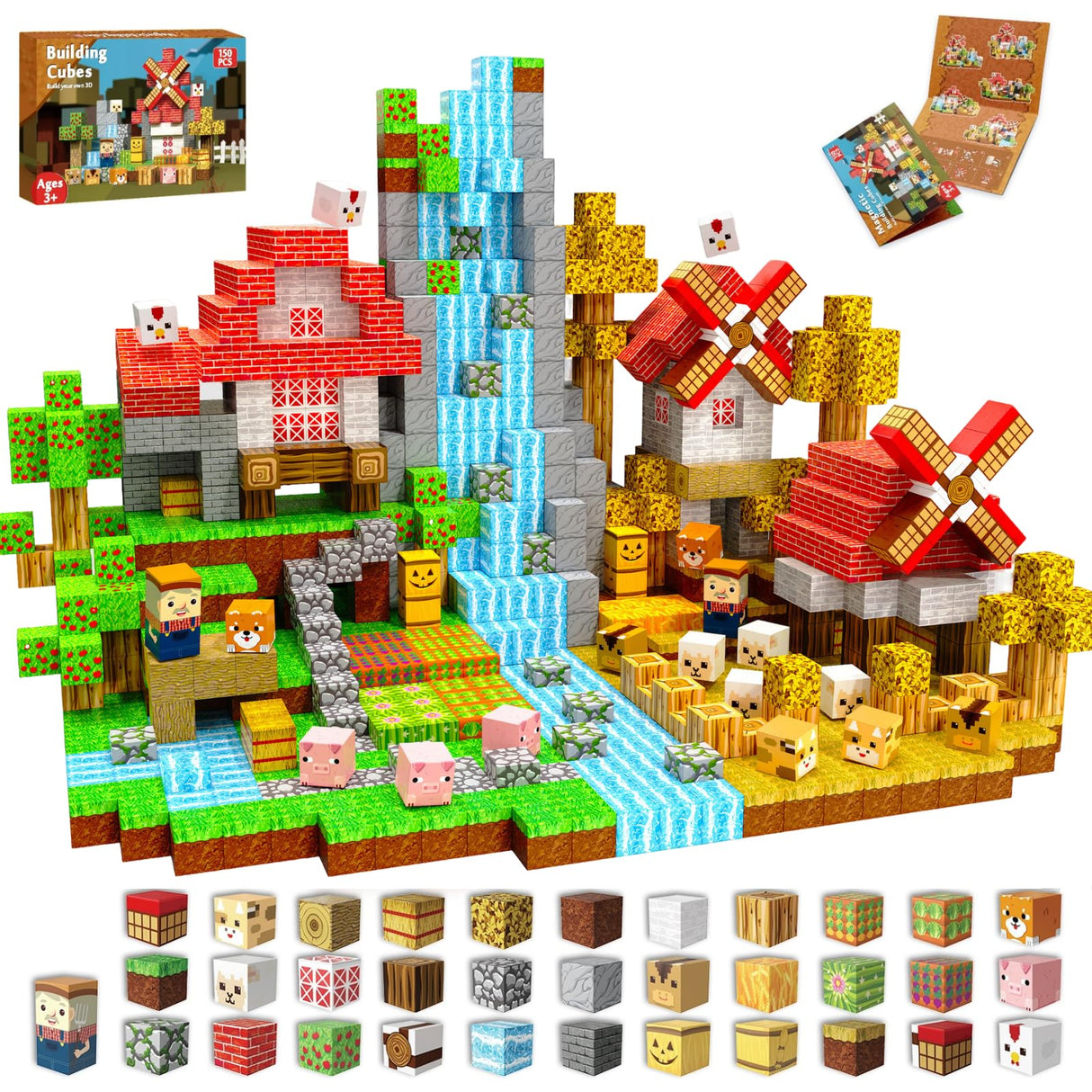 150 PCS Magnetic Blocks - Farm Animals Magnetic Building Blocks Cubes & Magnet Toys, Stacking Magnets, STEM Toys for School Acitivities, Ideal Christmas Birthday Gifts for Boys Age 3+ Years Old