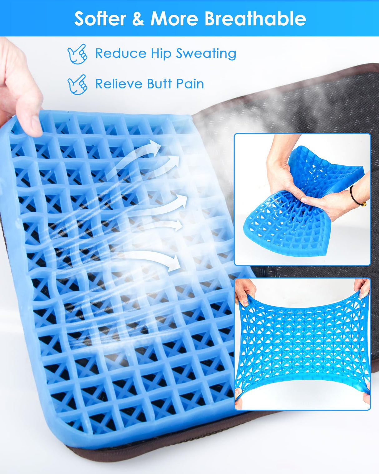 WISIMMALL Gel Seat Cushion, Portable Travel Cushion for Long Sitting, Thick & Foldable, 14.5" x 10.5" Large Size Chair Seat Cushion for Office Chair Car Wheelchair, Relief Sciatica Coccyx Pain