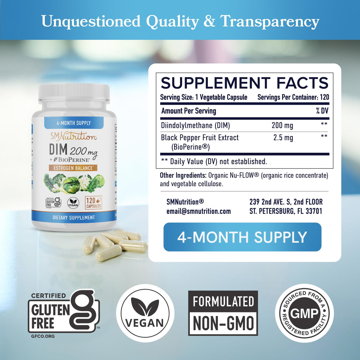 DIM Supplement 200 mg (120 Ct) | Estrogen Balance for Women & Men | Hormone Balance, Hormonal Acne Supplements, Menopause, Antioxidant & PMS Support | Non-GMO, Vegan, Soy Free | 4 Month Supply