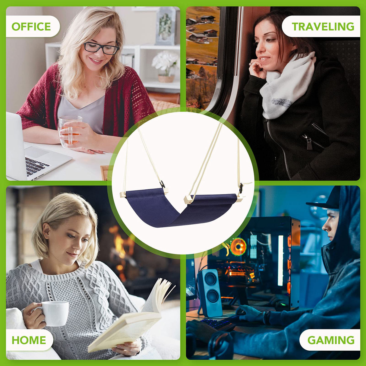 iMissiu Foot Hammock Under Desk Footrest | Adjustable Office Foot Rest Under Desk Hammock | Portable Desk Feet Hammock with Headphones Holder (Black)