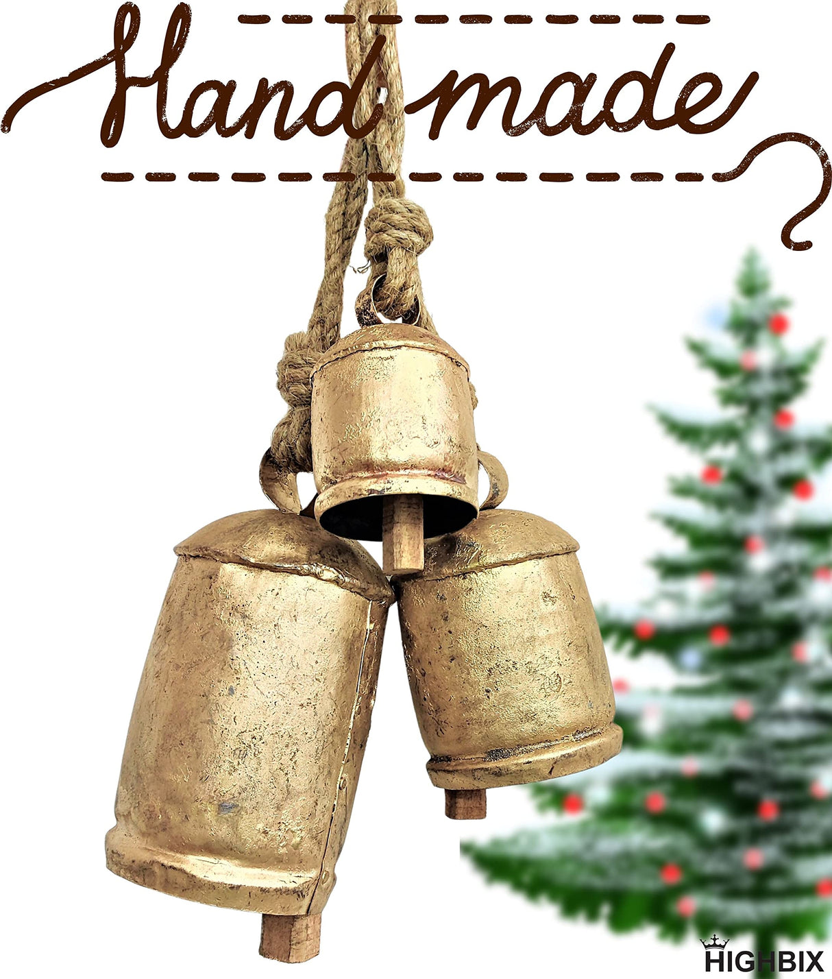 HIGHBIX Set of 3 Giant Harmony Cow Bells Huge Vintage Handmade Rustic Lucky Christmas Hanging XL Bells On Rope (Country Rustic, Large)