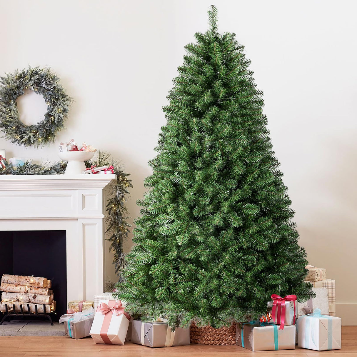 SHareconn 7.5ft Prelit Premium Artificial Classic Spruce Christmas Tree with Pre-lit 350 Warm White Lights, 1170 Branch Tips and Foldable Stand, Perfect Choice for Xmas Decoration, 7.5 FT, Green