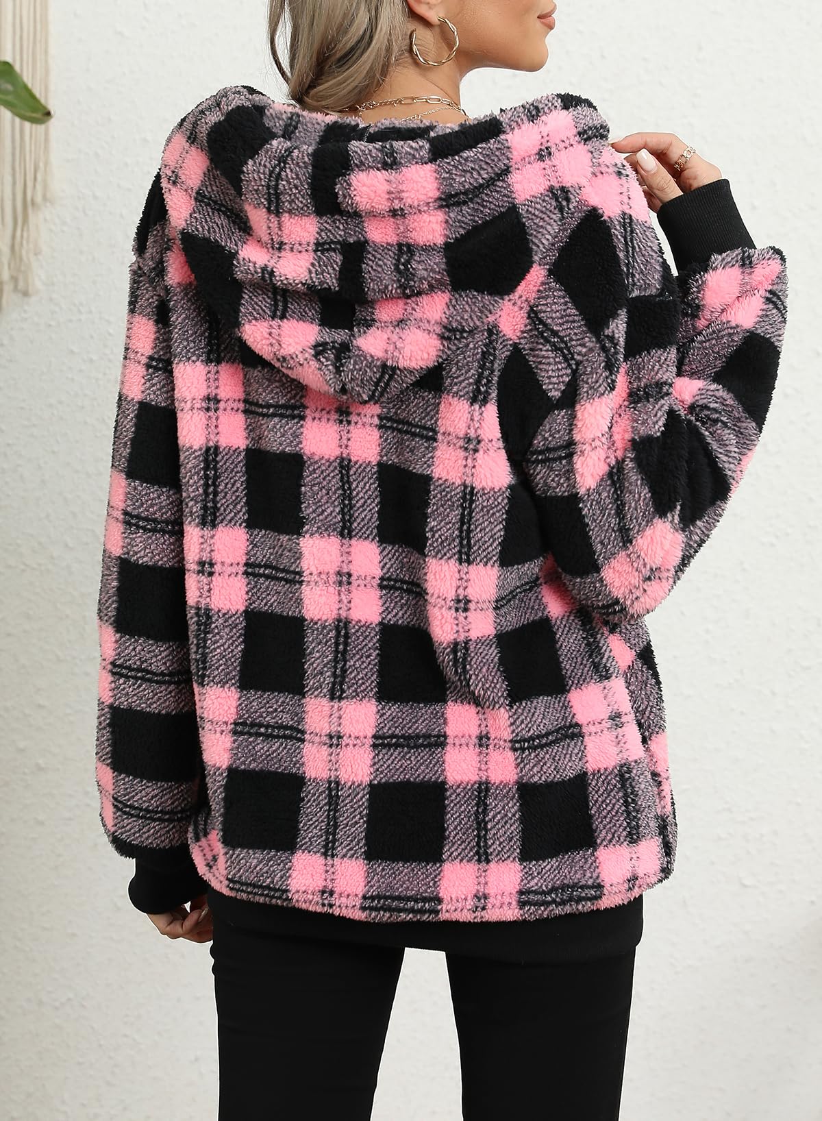 Nirovien Womens Sherpa Hoodie Fuzzy Sweatshirt Fleece Jacket Christmas Sweatshirt Pink Plaid Fluffy Sweaters(Plaid Pink Black,L)