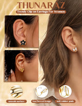 THUNARAZ 12 Pairs Gold Clip on Earrings for Women CZ Pearl Non Piercing