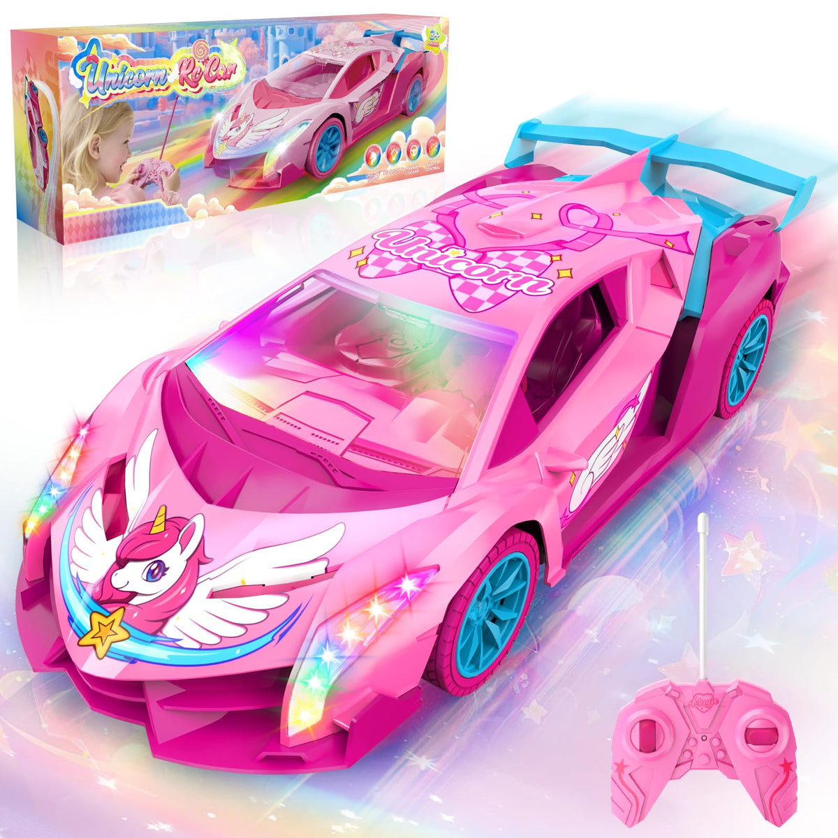 Unicorn RC Car for Girls, Rainbow Glow & Drift Wing Remote Control Car