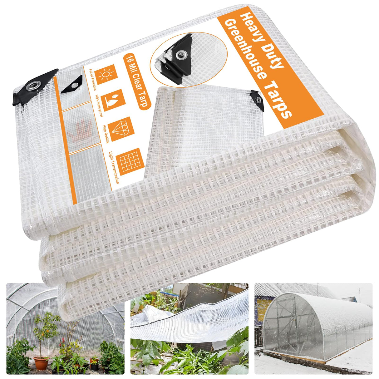 16 Mil Greenhouse Cover,Clear Plastic Tarps Heavy Duty Waterproof 12X16FT,UV Resistant Poly Clear Tarps with Grommets, Greenhouse Heavy Duty Tarp for Gardening, Farming, Nursery, Garden