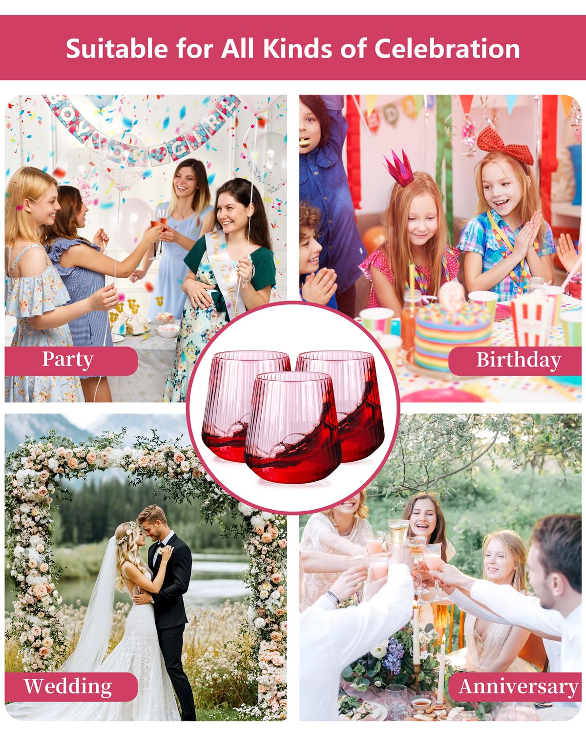 30 Pack Pink Plastic Ribbed Wine Glasses, 14 OZ Origami Stemless Disposable Wine Champagne Whiskey Glasses Unbreakable Clear Plastic Cocktail Glasses, Reusable Wine Cups for Party Wedding & Christmas