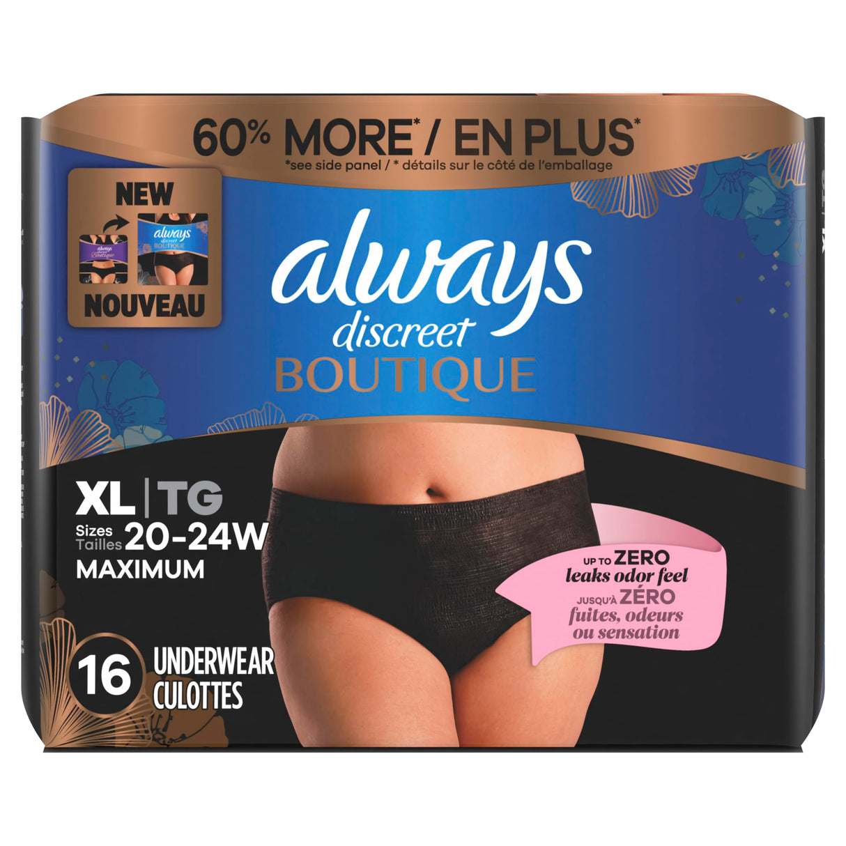 Always Discreet Boutique Incontinence and Postpartum Underwear for Women, Maximum Protection, Extra Large, Black, 16 Count