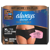 Always Discreet Boutique Incontinence and Postpartum Underwear for Women, Maximum Protection, Extra Large, Black, 16 Count