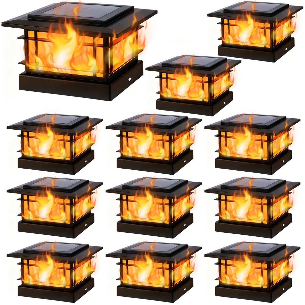 Dynaming 4x4 Solar Post Cap Lights Outdoor with Flickering Flame Light, Black Shell Fence Post Solar Lights Fit Vinyl/Wooden Posts, Brightness LED Lighting Decor for Garden Deck Patio, 12 Pack