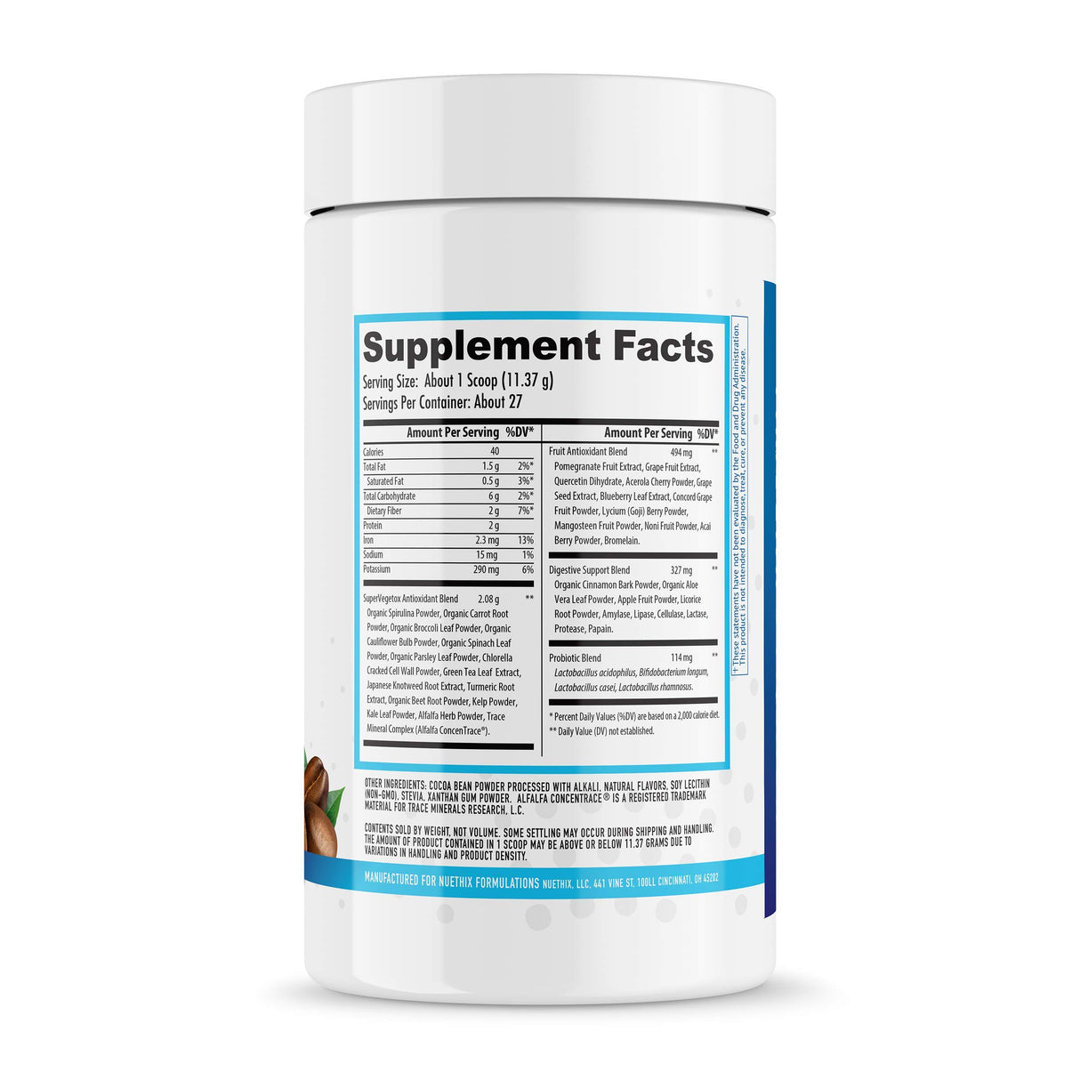 NuEthix Formulations Gourmet Greens Drink Powder Dietary Supplement with Fruit and Vegetable Superfoods and Probiotics, Espresso, 27 Servings