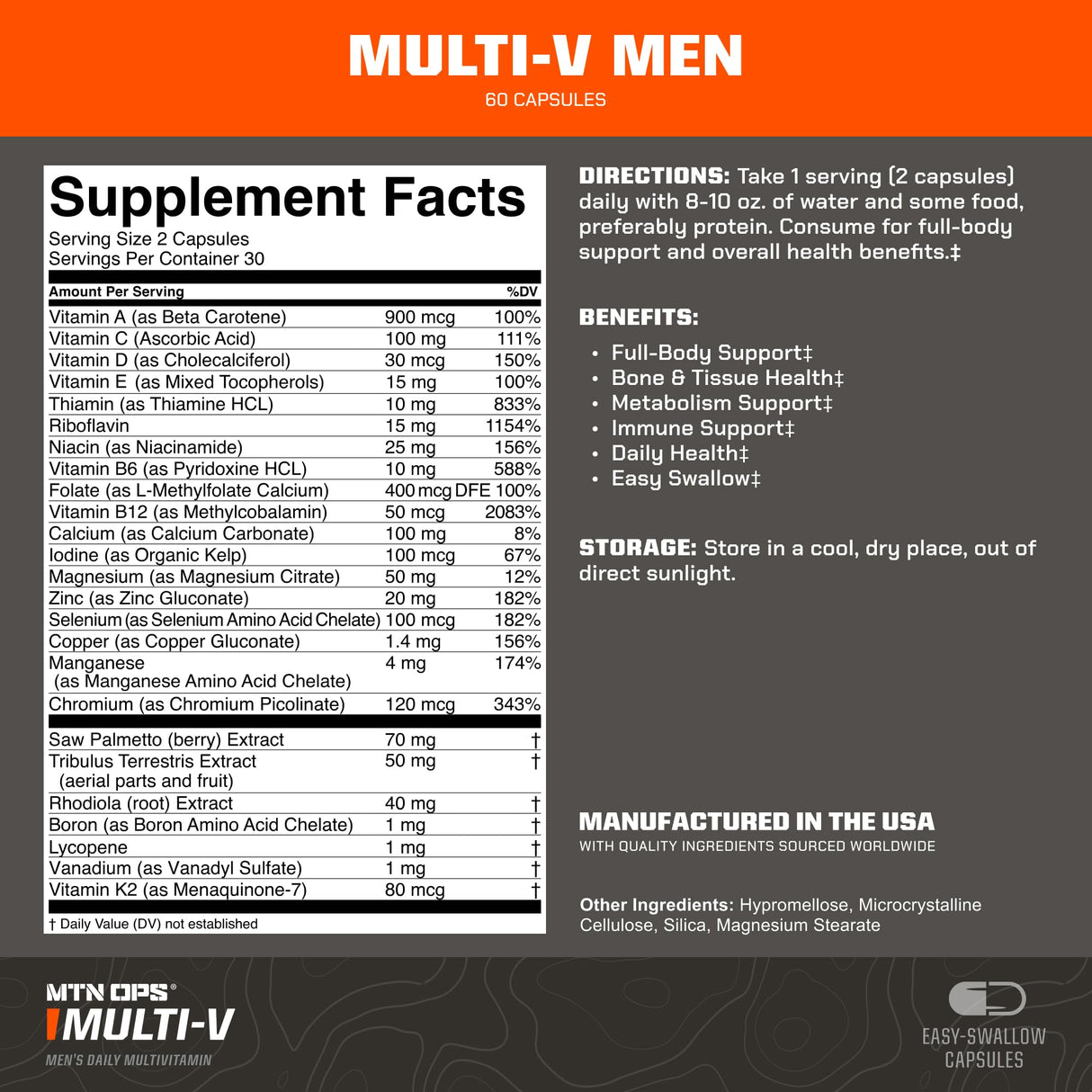 MTN OPS Multi-V Mens Multivitamin Vegetarian Capsules, Essential Daily Vitamin Complex, 60 Capsules, 30 Day Supply