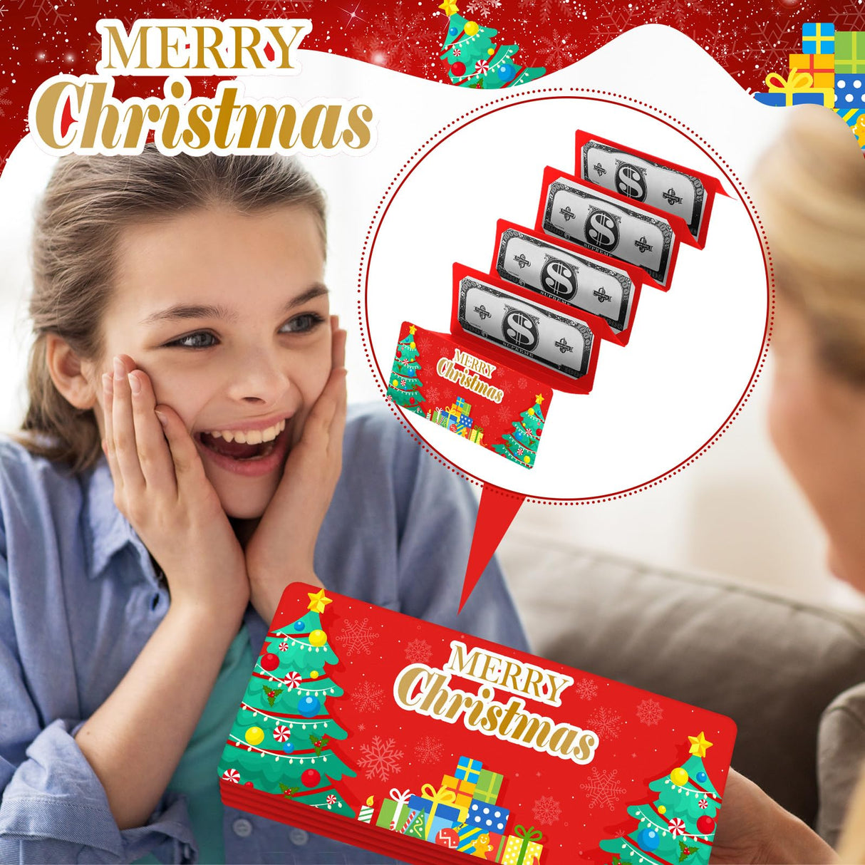 TecUnite 5 Pieces Christmas Money Holder Christmas Surprise Money Card Holder with 6 Slots Xmas Gift for Xmas Cash Card Supplies(Classic)