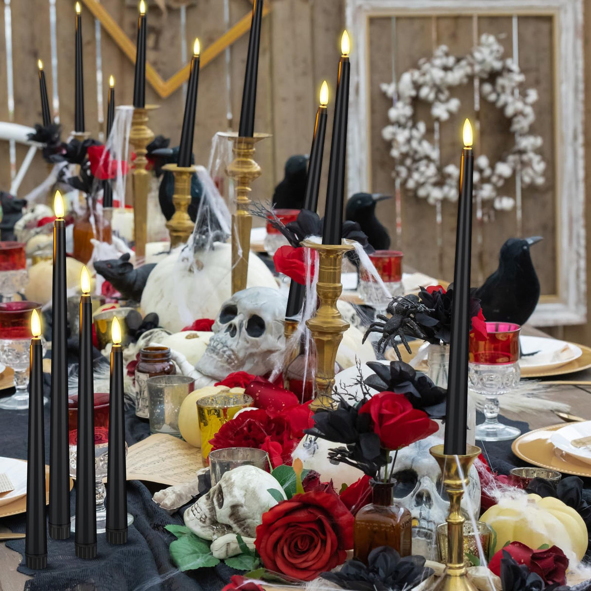 Rossesay 24 Pcs Flameless LED Taper Candles Battery Operated Candles 8.58'', 9.69'', 10.98'', 12.91'', 12.8'' Flameless Candlesticks Flickering for Halloween Christmas Church Wedding(Black)