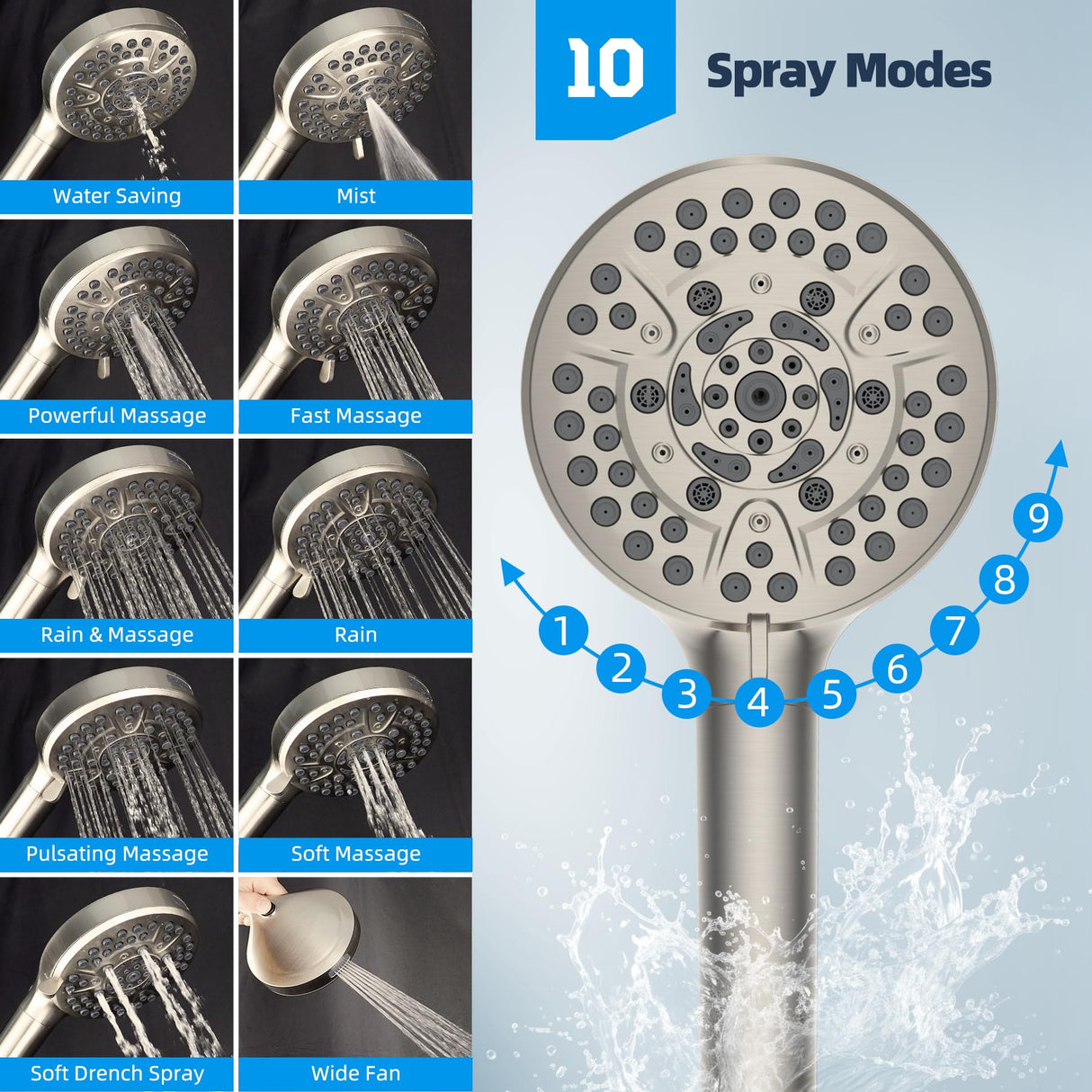 Hibbent All Metal CUPC Certified Shower Head, 10'' High Pressure Rainfall Shower Head, Handheld Showerhead Combo with 12'' Adjustable Extension Arm, 10-Spray, 71'' Hose, Shower Holder, Brushed Nickel