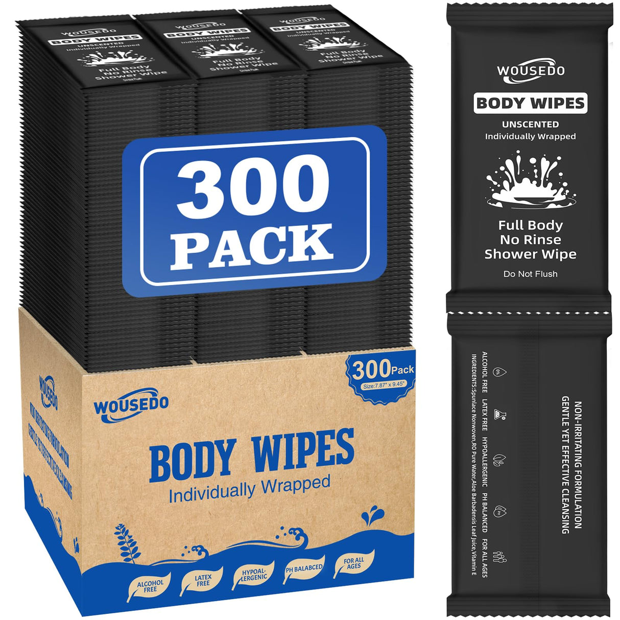 300 Pcs Ultra Thick Soft Large Body Wipes Individually Wrapped(7.87" x 9.45"),Shower Wipes for Adults Bathing No Rinse,Personal Cleansing Wipes for Travel Gym,Bulk Deodorant for Homeless(Black)