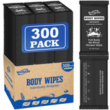 300 Pcs Ultra Thick Soft Large Body Wipes Individually Wrapped(7.87" x 9.45"),Shower Wipes for Adults Bathing No Rinse,Personal Cleansing Wipes for Travel Gym,Bulk Deodorant for Homeless(Black)
