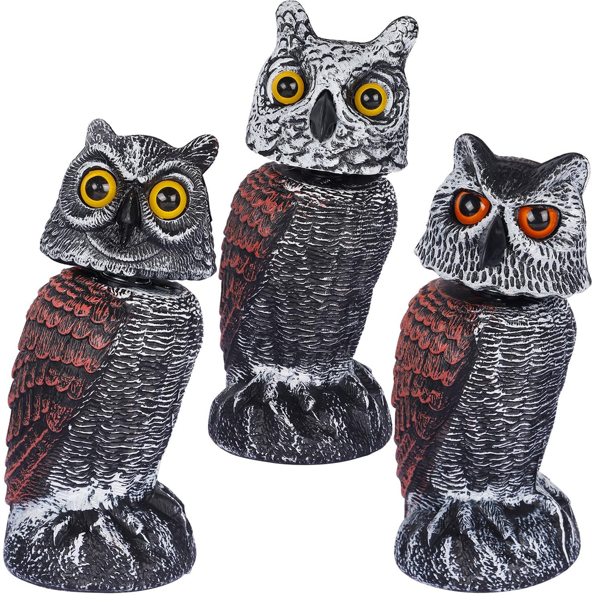 Hausse 3 Pack Bird Scarecrow Fake Horned Owl Decoy, Rotating Head Plastic Owl Bird Deterrents, Nature Enemy Horned Pest Repellent for Outdoor Garden