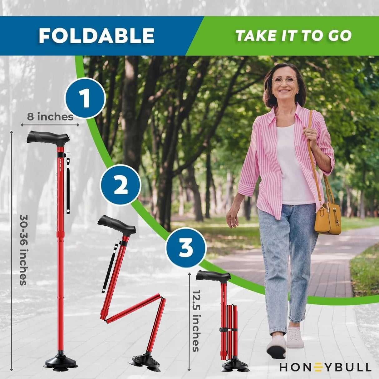 HONEYBULL Walking Cane for Men & Women Foldable, Adjustable, Heavy Duty, Free Standing, All Terrain, Collapsible Walking Sticks for Seniors & Adults (Red)
