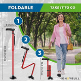 HONEYBULL Walking Cane for Men & Women Foldable, Adjustable, Heavy Duty, Free Standing, All Terrain, Collapsible Walking Sticks for Seniors & Adults (Red)