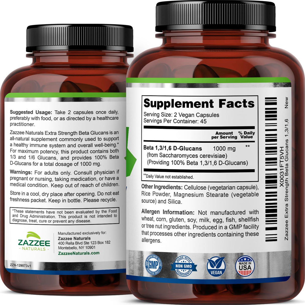 Zazzee Extra Strength 1,3/1,6 Beta Glucans, 1000 mg, 100% Concentrated, 90 Vegan Capsules, Supports a Healthy Immune System, 100% Vegetarian, All-Natural and Non-GMO