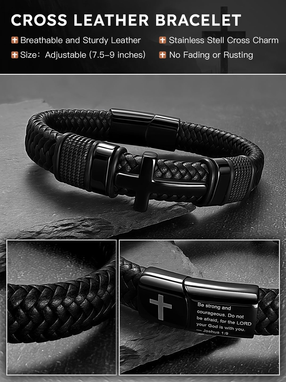 Black Cross Cuff Bracelet for Men,Stainless Steel Braided Leather Bible Verse Bracelet with Joshua 1:9 Inspirational Faith Gift for Dad,Brother,Son,Religious Baptism and Confirmation Gifts 8.3 Inch