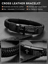 Black Cross Cuff Bracelet for Men,Stainless Steel Braided Leather Bible Verse Bracelet with Joshua 1:9 Inspirational Faith Gift for Dad,Brother,Son,Religious Baptism and Confirmation Gifts 8.3 Inch