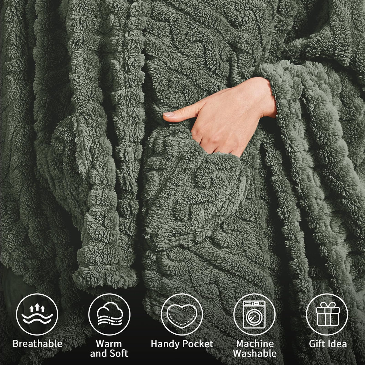 Dgsfmi Wearable Blanket Poncho Cape Wrap for Adult, Cozy Sherpa Fleece Pocketed Shawl TV Throw Blankets for Office and Lounge,Green
