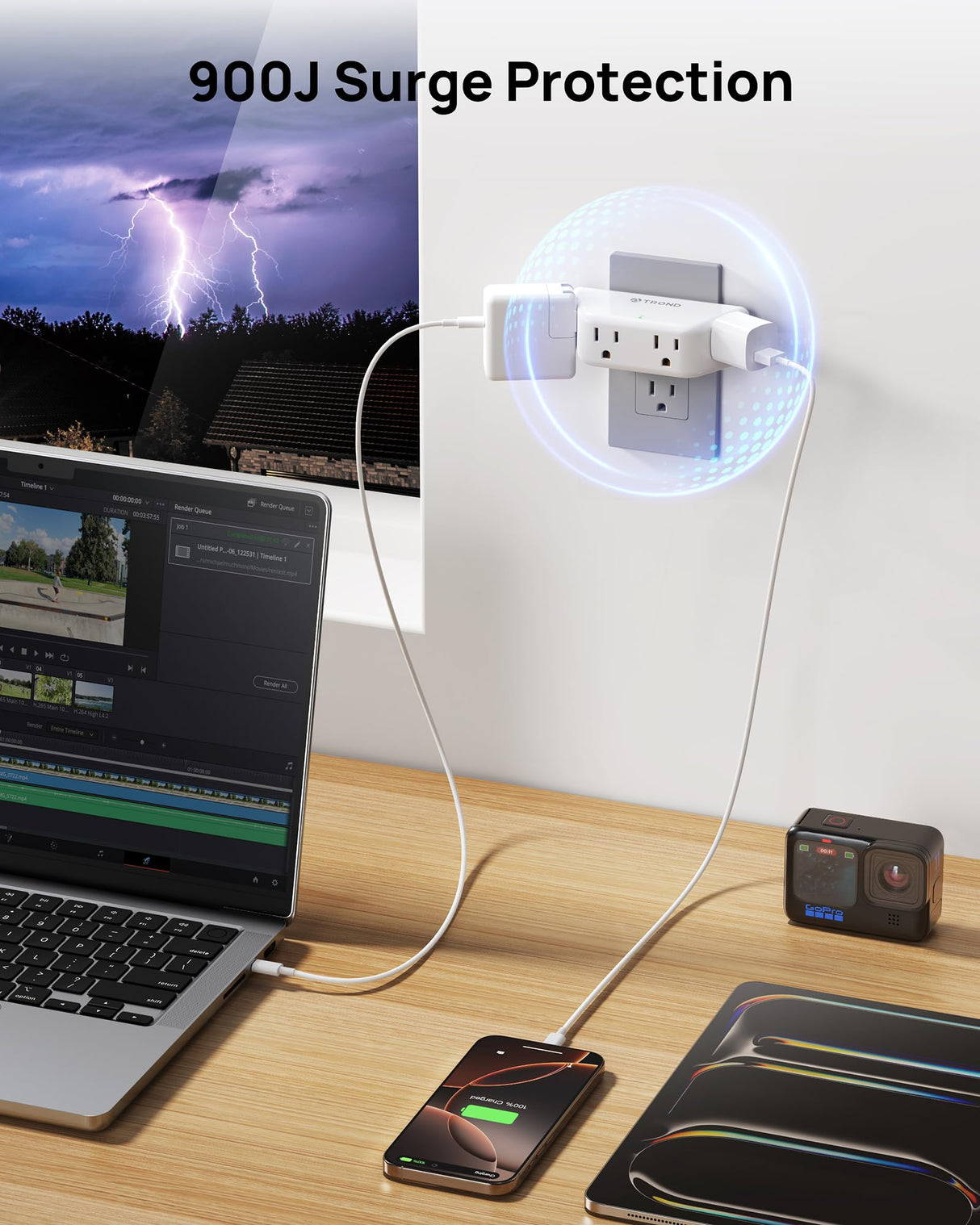 TROND Wall Outlet Extender 3 Pack - Surge Protector Outlet with 4 Grounded Sockets, 3 Way Angled Plug Adapter, 900J, Multiple Wall Splitter for Home Office Dorm Room Essentials, White