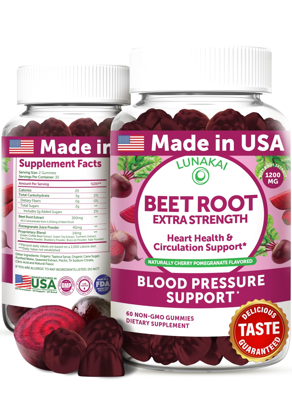 Lunakai USA Made Beet Root Gummies with Antioxidant Blend - Delicious Non-GMO Beet Chews, 60ct