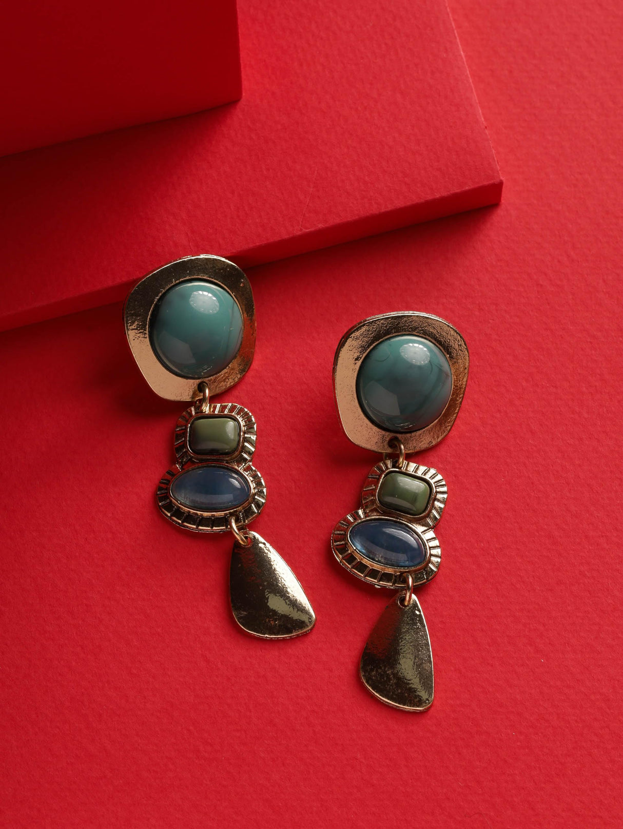 MINACHI Boho Teal Blue Color Block Gold-Tone Drop Earrings
