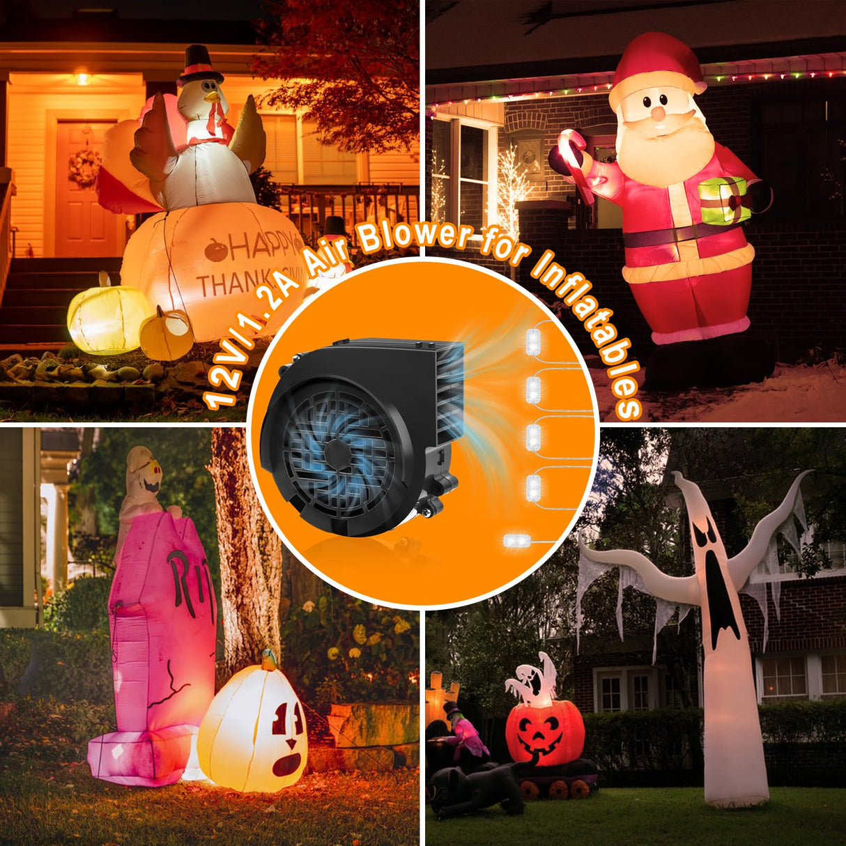 12V 1.2A Replacement Air Blower Fan for 5-12FT Halloween Christmas Inflatables with 1.5A Adapter 5 LED Light Fans Outdoor Blow Up Motor Replacement Fan Blower Parts for Inflatables Yard Decorations