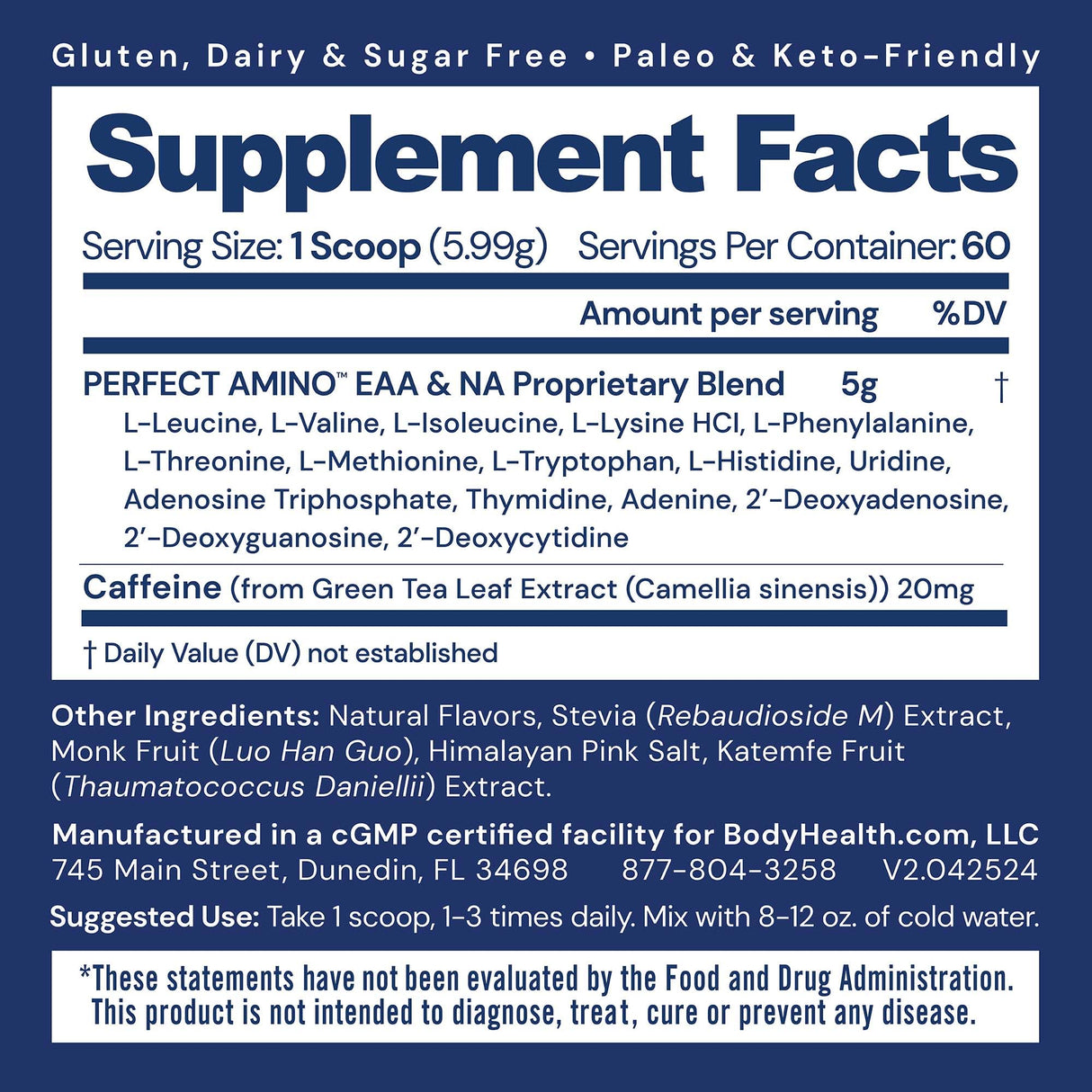 BodyHealth PerfectAmino Powder - BCAA and EAA Powder for Pre and Post Workout - Amino Acid Energy Drink for Men and Women to Support Lean Muscle and Recovery - Mocha - 60 Servings