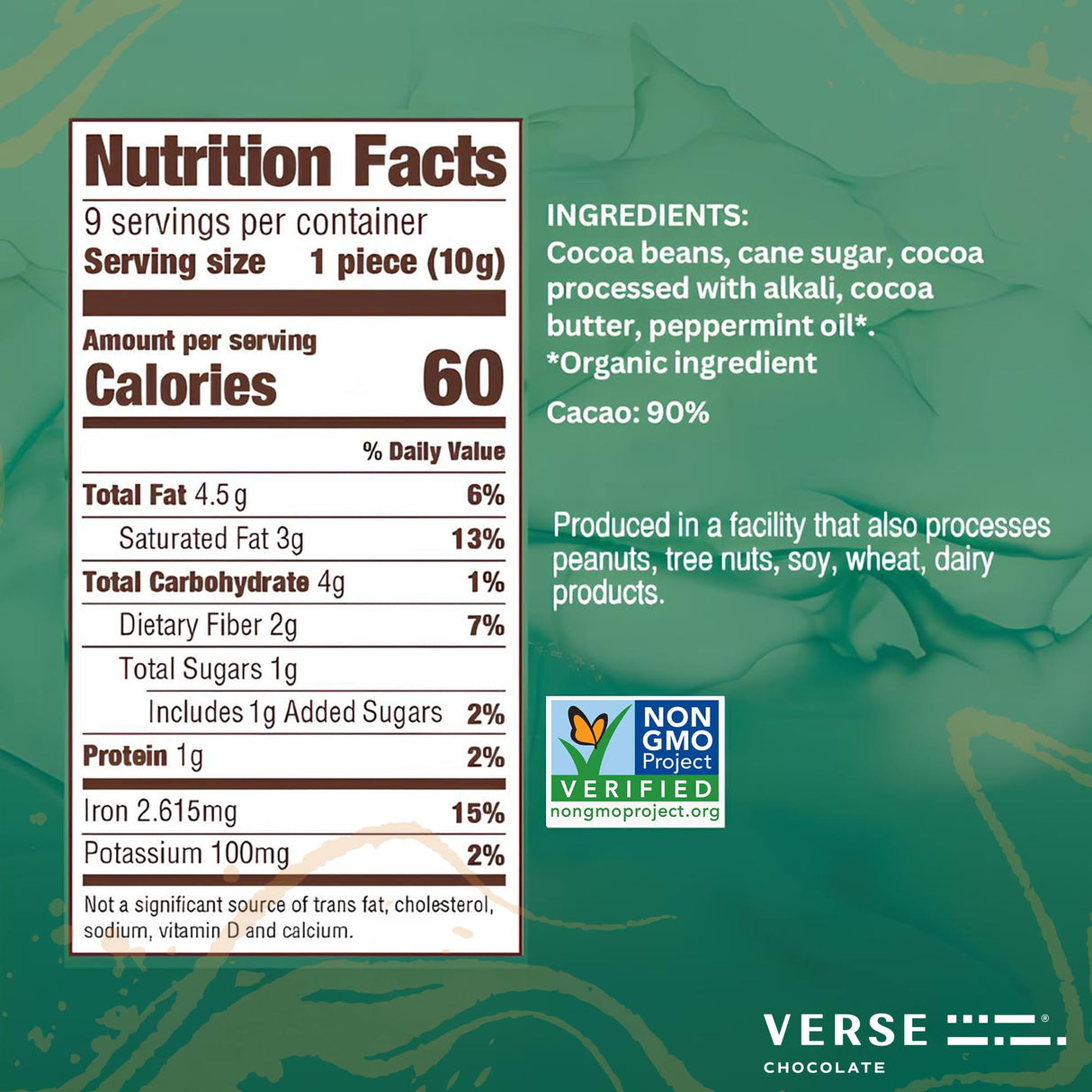 Verse 90% Dark Chocolate Mint Squares - Only 1g Cane Sugar - Creamy Dark Cocoa - Individually Wrapped Cacao Chocolate Squares (9 Count, 2 Pack)