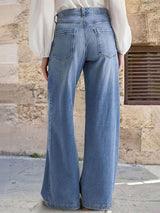 Flamingals Wide Leg Jeans for Women Mid Waist Baggy Stitch Decor Denim Washed Pants Without Belt Mid Blue M