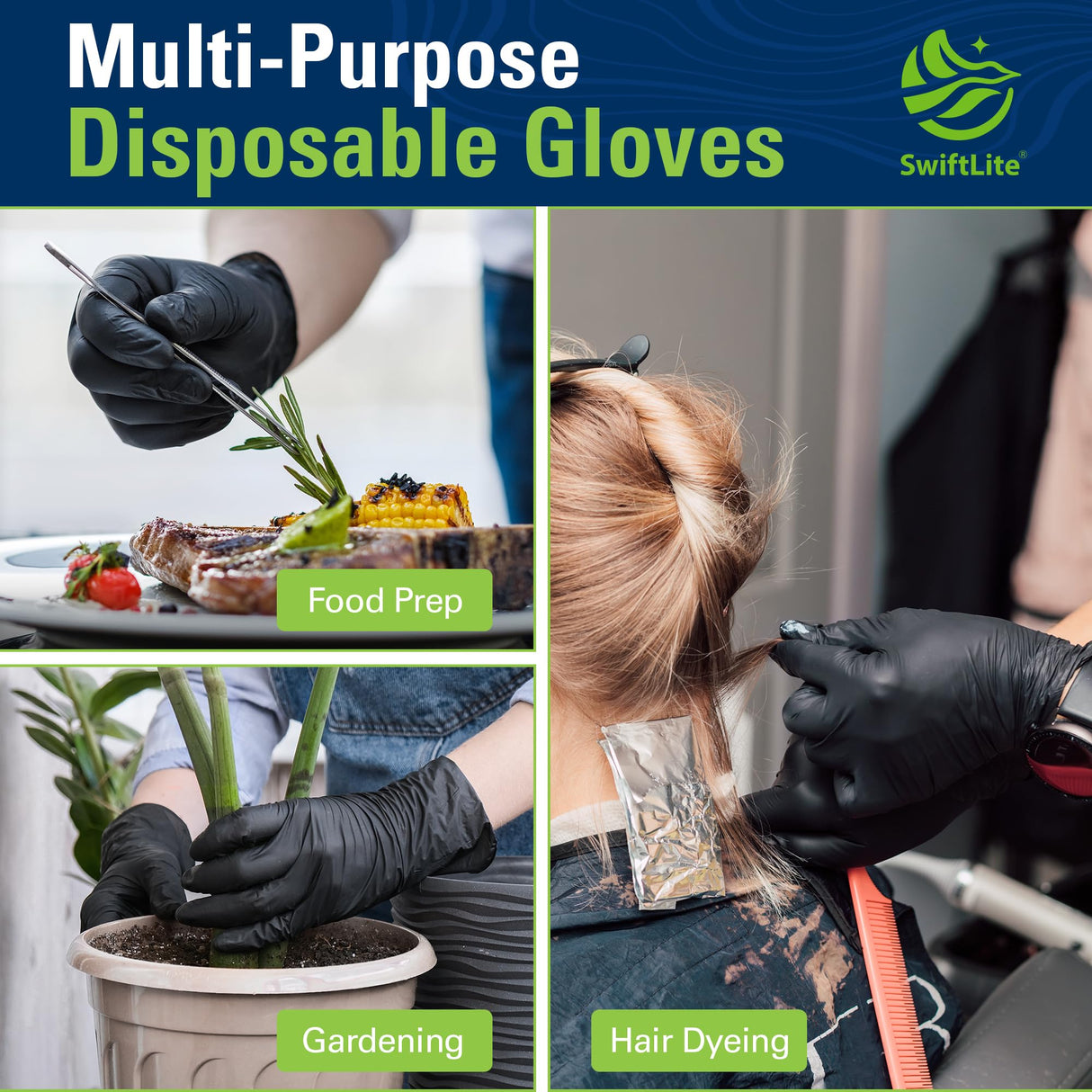 SWIFTLITE Nitrile Gloves, Disposable Black Gloves, Food Safe Rubber Gloves, Latex-Free, Powder-Free for Cooking, Cleaning, Food Prep (X-Large, 300 Counts)