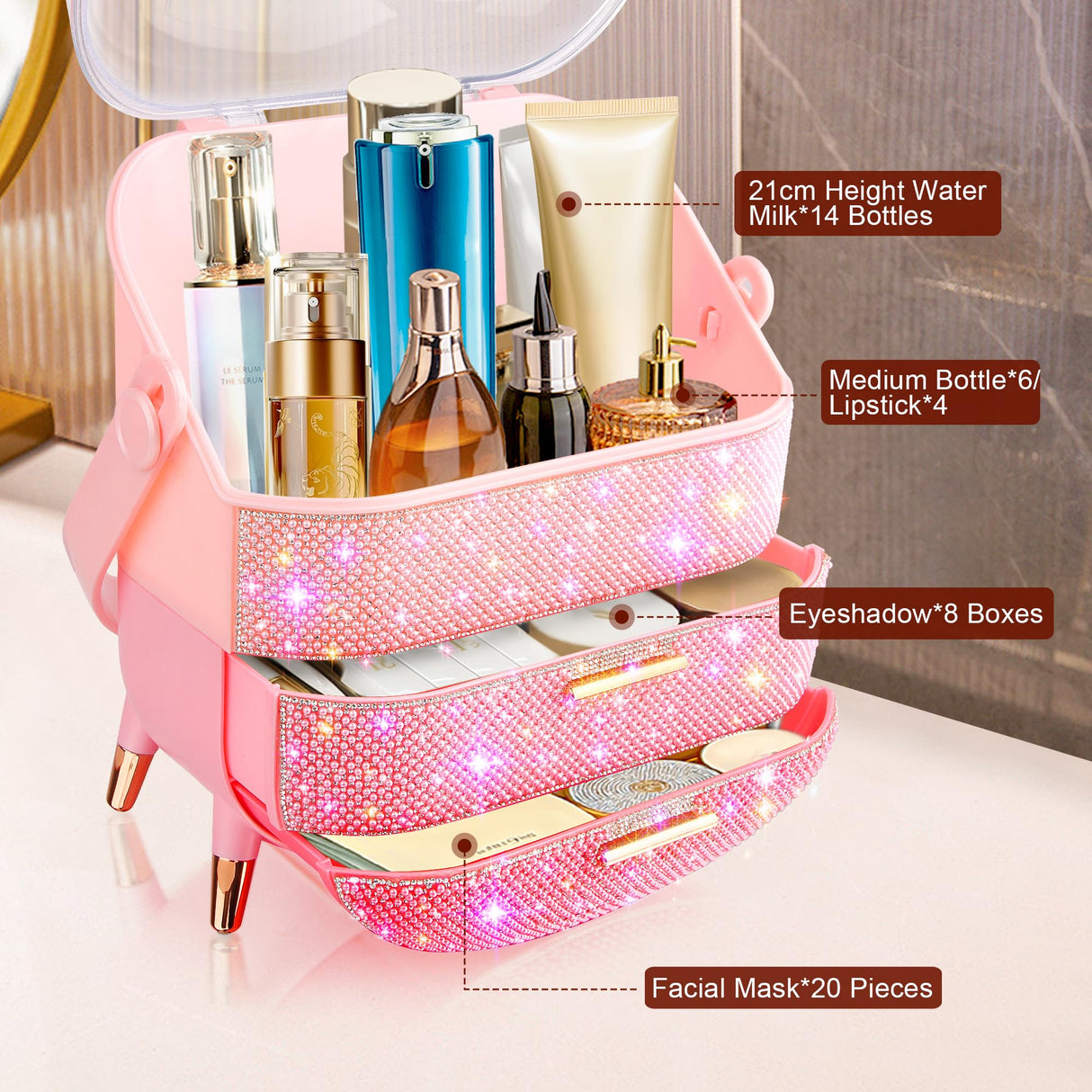 Bling Makeup Organizer for Teen Girl Gift,Hollywood Vanity Makeup Storage Box for Girl Birthday Gift,Practical Gift for Daughter,Bathroom Organizer,Skincare Organizer (Triple Pink)