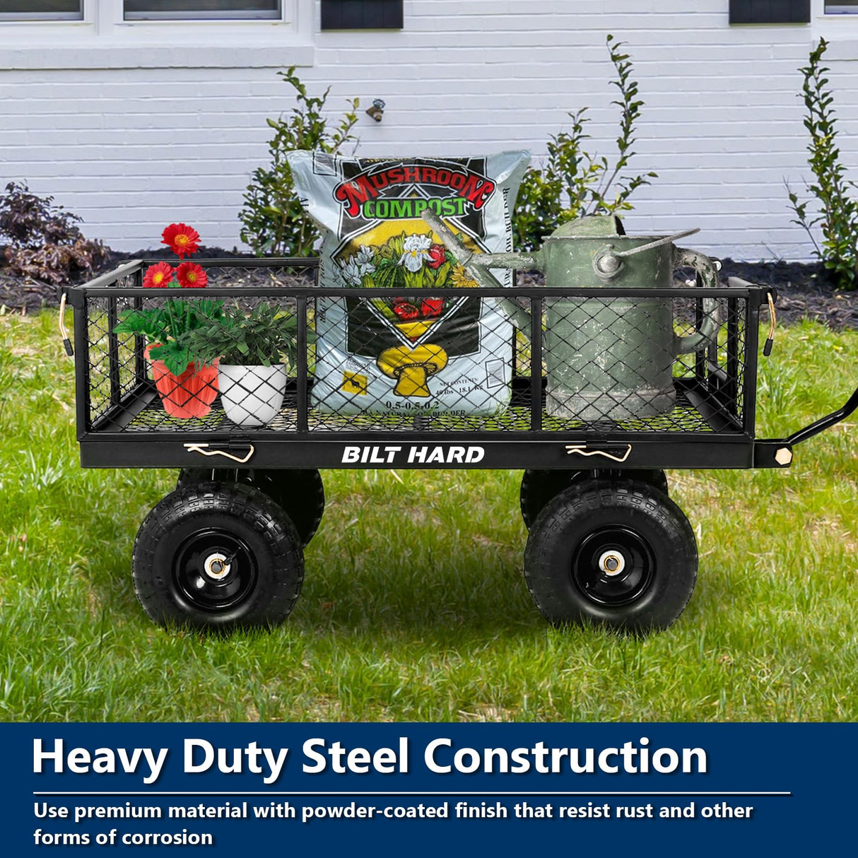 BILT HARD 10" Flat Free Tires Heavy Duty Garden Cart with 180° Rotating Handle and Removable Sides, 4 Cu.Ft 400 lbs Capacity Utility Steel Wagons for Outdoor