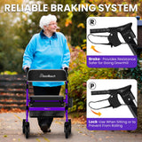 BlessReach Foldable Rollator Walkers with Seat for Seniors, 450 lb Capacity, 8'' Wheels, 18" Big Seat, 6-Position Adjustable Height, Heavy-Duty Aluminum Rolling Walker (Purple)