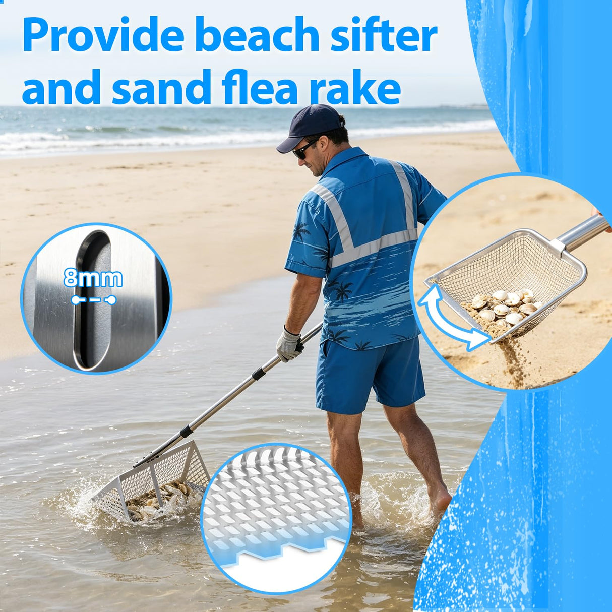 Sand Flea Rake Stainless Steel Beach Sand Sifter with Sharp Digging Teeth, 56" Split Long Handle 16 Inch Large Basket Sand Crab Rake for Collect Sand Fleas, Shells, Shark Teeth & Fishing Live Bait