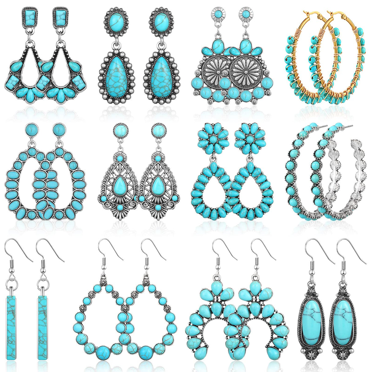 Trnayi 12 Pairs Turquoise Earring Set for Women Turquoise Bohemian Dangle Stud Earrings Round Metal Earrings Boho Vintage Oval Earring Metal for Jewelry(Fresh Style,Green)
