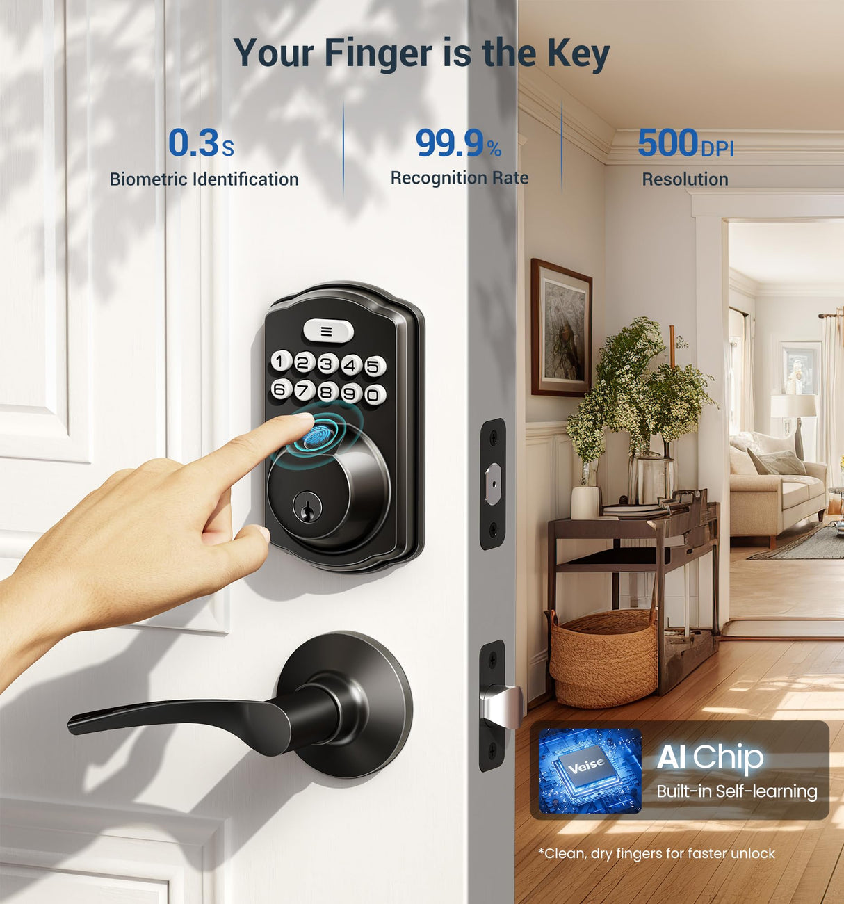 Veise Fingerprint Door Lock with 2 Lever Handles - Keyless Entry Door Lock, Electronic Keypad Deadbolt, Digital Smart Code & Front Handle Sets, Auto-Locking, Easy Installation, Matte Black