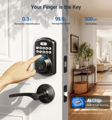 Veise Fingerprint Door Lock with 2 Lever Handles - Keyless Entry Door Lock, Electronic Keypad Deadbolt, Digital Smart Code & Front Handle Sets, Auto-Locking, Easy Installation, Matte Black