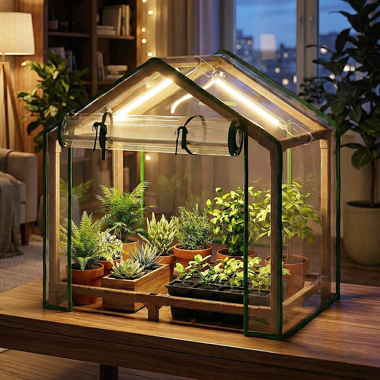 Bamworld Mini Greenhouse Indoor Desktop with Grow Lights Small Grow Tent Reusable Portable Warm House with PE Cover Ventilation Window for Seed Starting
