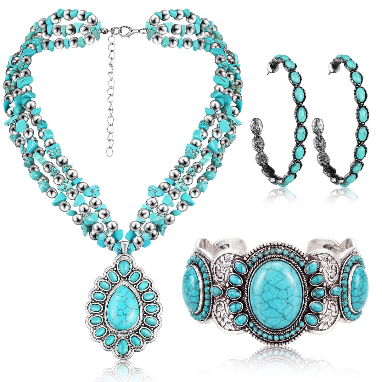 Inbagi 3 Pcs Western Jewelry for Women Bohemian Turquoise Jewelry Set Women Country Pendant Long Choker Layered Bracelets Earrings
