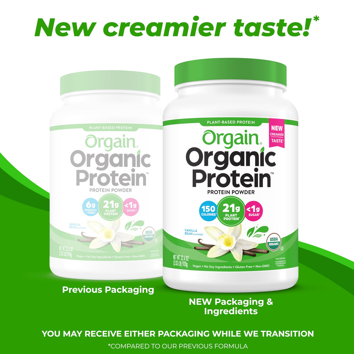 Orgain Organic Vegan Protein Powder, Vanilla Bean - 21g Plant Protein, 4g Prebiotic Fiber, No Lactose Ingredients, No Added Sugar, Non-GMO, For Shakes & Smoothies, 2.03 lb (Packaging May Vary)